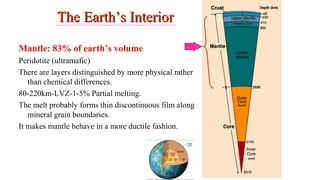 The Earth’s InteriorThe Earth’s Interior
Mantle: 83% of earth’s volume
Peridotite (ultramafic)
There are layers distinguished by more physical rather
than chemical differences.
80-220km-LVZ-1-5% Partial melting.
The melt probably forms thin discontinuous film along
mineral grain boundaries.
It makes mantle behave in a more ductile fashion.
6
 
