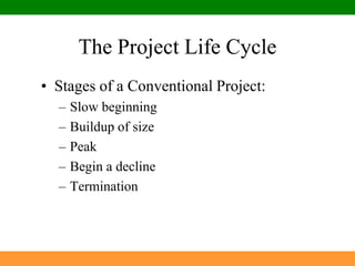 The Project Life CycleStages of a Conventional Project:Slow beginningBuildup of sizePeakBegin a declineTermination