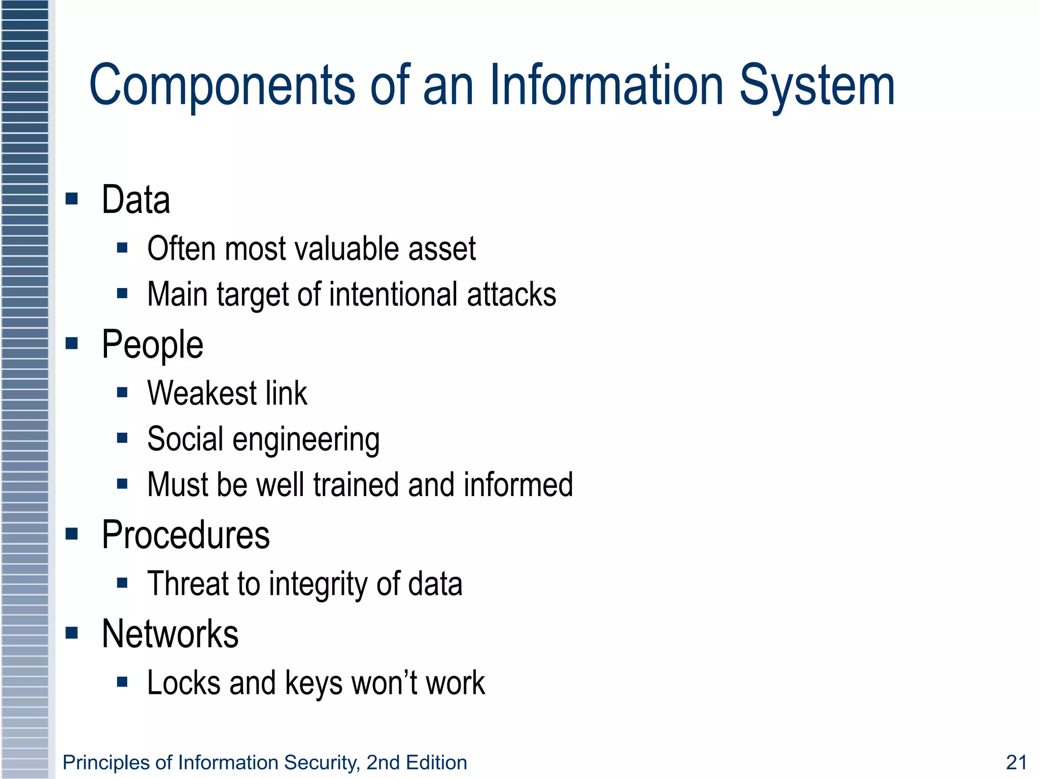Principles of Information Security, 2nd Edition 21
Components of an Information System
 Data
 Often most valuable asset
 Main target of intentional attacks
 People
 Weakest link
 Social engineering
 Must be well trained and informed
 Procedures
 Threat to integrity of data
 Networks
 Locks and keys won’t work
 