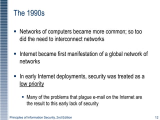 Principles of Information Security, 2nd Edition 12
The 1990s
 Networks of computers became more common; so too
did the need to interconnect networks
 Internet became first manifestation of a global network of
networks
 In early Internet deployments, security was treated as a
low priority
 Many of the problems that plague e-mail on the Internet are
the result to this early lack of security
 