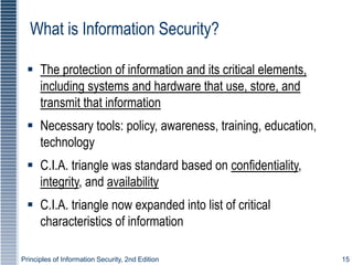 Principles of Information Security, 2nd Edition 15
What is Information Security?
 The protection of information and its critical elements,
including systems and hardware that use, store, and
transmit that information
 Necessary tools: policy, awareness, training, education,
technology
 C.I.A. triangle was standard based on confidentiality,
integrity, and availability
 C.I.A. triangle now expanded into list of critical
characteristics of information
 