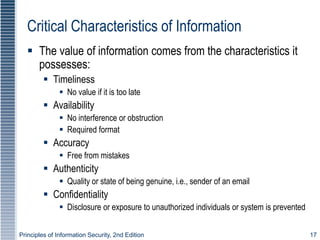 Principles of Information Security, 2nd Edition 17
Critical Characteristics of Information
 The value of information comes from the characteristics it
possesses:
 Timeliness
 No value if it is too late
 Availability
 No interference or obstruction
 Required format
 Accuracy
 Free from mistakes
 Authenticity
 Quality or state of being genuine, i.e., sender of an email
 Confidentiality
 Disclosure or exposure to unauthorized individuals or system is prevented
 