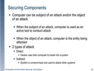 Principles of Information Security, 2nd Edition 22
Securing Components
 Computer can be subject of an attack and/or the object
of an attack
 When the subject of an attack, computer is used as an
active tool to conduct attack
 When the object of an attack, computer is the entity being
attacked
 2 types of attack
 Direct
 Hacker uses their computer to break into a system
 Indirect
 System is compromised and used to attack other systems
 