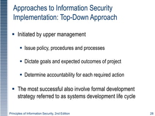 Principles of Information Security, 2nd Edition 28
Approaches to Information Security
Implementation: Top-Down Approach
 Initiated by upper management
 Issue policy, procedures and processes
 Dictate goals and expected outcomes of project
 Determine accountability for each required action
 The most successful also involve formal development
strategy referred to as systems development life cycle
 