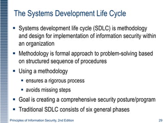 Principles of Information Security, 2nd Edition 29
The Systems Development Life Cycle
 Systems development life cycle (SDLC) is methodology
and design for implementation of information security within
an organization
 Methodology is formal approach to problem-solving based
on structured sequence of procedures
 Using a methodology
 ensures a rigorous process
 avoids missing steps
 Goal is creating a comprehensive security posture/program
 Traditional SDLC consists of six general phases
 