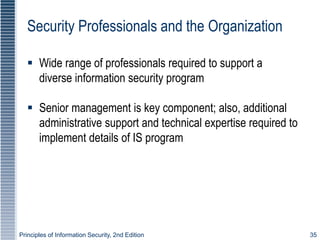 Principles of Information Security, 2nd Edition 35
Security Professionals and the Organization
 Wide range of professionals required to support a
diverse information security program
 Senior management is key component; also, additional
administrative support and technical expertise required to
implement details of IS program
 