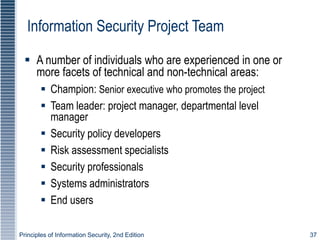 Principles of Information Security, 2nd Edition 37
Information Security Project Team
 A number of individuals who are experienced in one or
more facets of technical and non-technical areas:
 Champion: Senior executive who promotes the project
 Team leader: project manager, departmental level
manager
 Security policy developers
 Risk assessment specialists
 Security professionals
 Systems administrators
 End users
 