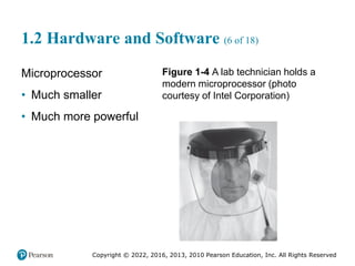 Copyright © 2022, 2016, 2013, 2010 Pearson Education, Inc. All Rights Reserved
1.2 Hardware and Software (6 of 18)
Microprocessor
• Much smaller
• Much more powerful
Figure 1-4 A lab technician holds a
modern microprocessor (photo
courtesy of Intel Corporation)
 