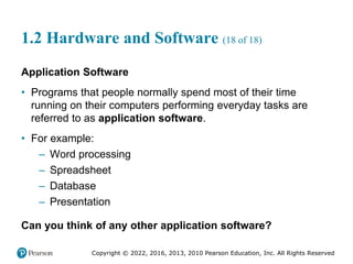 Copyright © 2022, 2016, 2013, 2010 Pearson Education, Inc. All Rights Reserved
1.2 Hardware and Software (18 of 18)
Application Software
• Programs that people normally spend most of their time
running on their computers performing everyday tasks are
referred to as application software.
• For example:
– Word processing
– Spreadsheet
– Database
– Presentation
Can you think of any other application software?
 