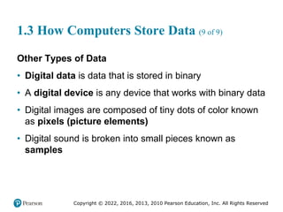 Copyright © 2022, 2016, 2013, 2010 Pearson Education, Inc. All Rights Reserved
1.3 How Computers Store Data (9 of 9)
Other Types of Data
• Digital data is data that is stored in binary
• A digital device is any device that works with binary data
• Digital images are composed of tiny dots of color known
as pixels (picture elements)
• Digital sound is broken into small pieces known as
samples
 