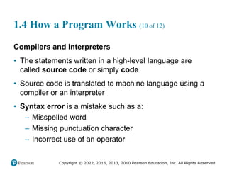 Copyright © 2022, 2016, 2013, 2010 Pearson Education, Inc. All Rights Reserved
1.4 How a Program Works (10 of 12)
Compilers and Interpreters
• The statements written in a high-level language are
called source code or simply code
• Source code is translated to machine language using a
compiler or an interpreter
• Syntax error is a mistake such as a:
– Misspelled word
– Missing punctuation character
– Incorrect use of an operator
 