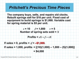 Copyright ©2012 Pearson Education, Inc. publishing as Prentice Hall 1-21
Pritchett’s Precious Time Pieces
Profits = sX – f – vX
The company buys, sells, and repairs old clocks.
Rebuilt springs sell for $10 per unit. Fixed cost of
equipment to build springs is $1,000. Variable cost
for spring material is $5 per unit.
s = 10 f = 1,000 v = 5
Number of spring sets sold = X
If sales = 0, profits = -f = –
–$1,000
$1,000.
If sales = 1,000, profits = [(10)(1,000) – 1,000 – (5)(1,000)]
= $4,000
 