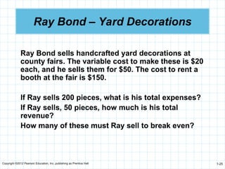 Copyright ©2012 Pearson Education, Inc. publishing as Prentice Hall 1-25
Ray Bond – Yard Decorations
Ray Bond sells handcrafted yard decorations at
county fairs. The variable cost to make these is $20
each, and he sells them for $50. The cost to rent a
booth at the fair is $150.
If Ray sells 200 pieces, what is his total expenses?
If Ray sells, 50 pieces, how much is his total
revenue?
How many of these must Ray sell to break even?
 