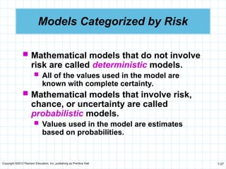 Copyright ©2012 Pearson Education, Inc. publishing as Prentice Hall 1-27
Models Categorized by Risk
 Mathematical models that do not involve
risk are called deterministic models.
 All of the values used in the model are
known with complete certainty.
 Mathematical models that involve risk,
chance, or uncertainty are called
probabilistic models.
 Values used in the model are estimates
based on probabilities.
 