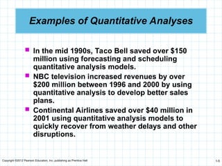 Copyright ©2012 Pearson Education, Inc. publishing as Prentice Hall 1-5
Examples of Quantitative Analyses
 In the mid 1990s, Taco Bell saved over $150
million using forecasting and scheduling
quantitative analysis models.
 NBC television increased revenues by over
$200 million between 1996 and 2000 by using
quantitative analysis to develop better sales
plans.
 Continental Airlines saved over $40 million in
2001 using quantitative analysis models to
quickly recover from weather delays and other
disruptions.
 