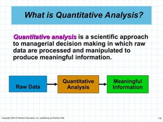 Copyright ©2012 Pearson Education, Inc. publishing as Prentice Hall 1-6
Meaningful
Information
Quantitative
Analysis
Quantitative analysis
Quantitative analysis is a scientific approach
to managerial decision making in which raw
data are processed and manipulated to
produce meaningful information.
What is Quantitative Analysis?
Raw Data
 
