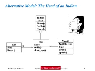 Bernd Bruegge & Allen H. Dutoit Object-Oriented Software Engineering: Using UML, Patterns, and Java 27
Alternative Model: The Head of an Indian
Indian
Hair
Dress()
Smile()
Sleep()
Mouth
NrOfTeeths
Size
open()
speak()
*
Ear
Size
listen()
Face
Nose
smile()
close_eye()
Is this a good model?
 