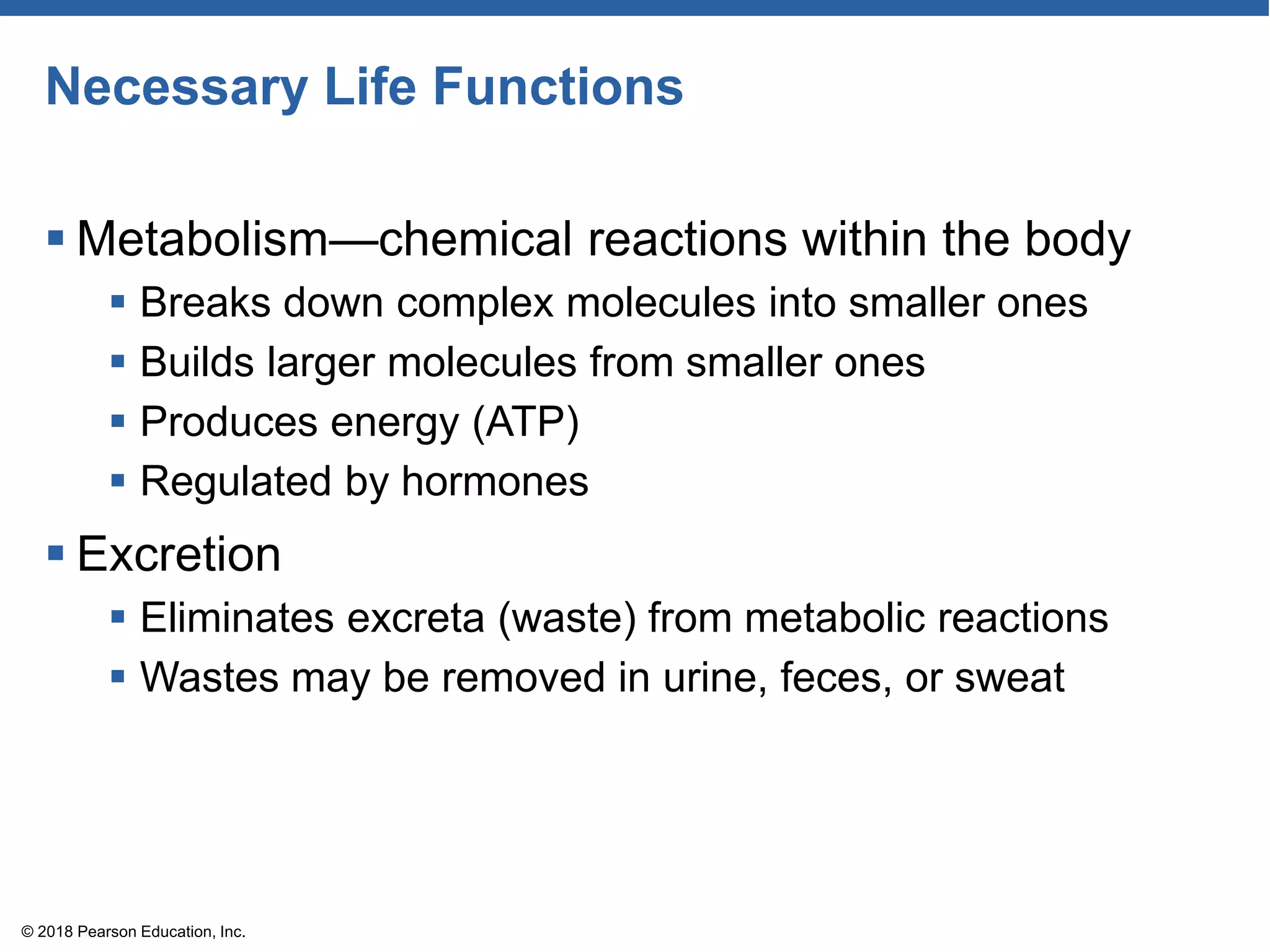Necessary Life Functions
 Metabolism—chemical reactions within the body
 Breaks down complex molecules into smaller ones
 Builds larger molecules from smaller ones
 Produces energy (ATP)
 Regulated by hormones
 Excretion
 Eliminates excreta (waste) from metabolic reactions
 Wastes may be removed in urine, feces, or sweat
© 2018 Pearson Education, Inc.
 