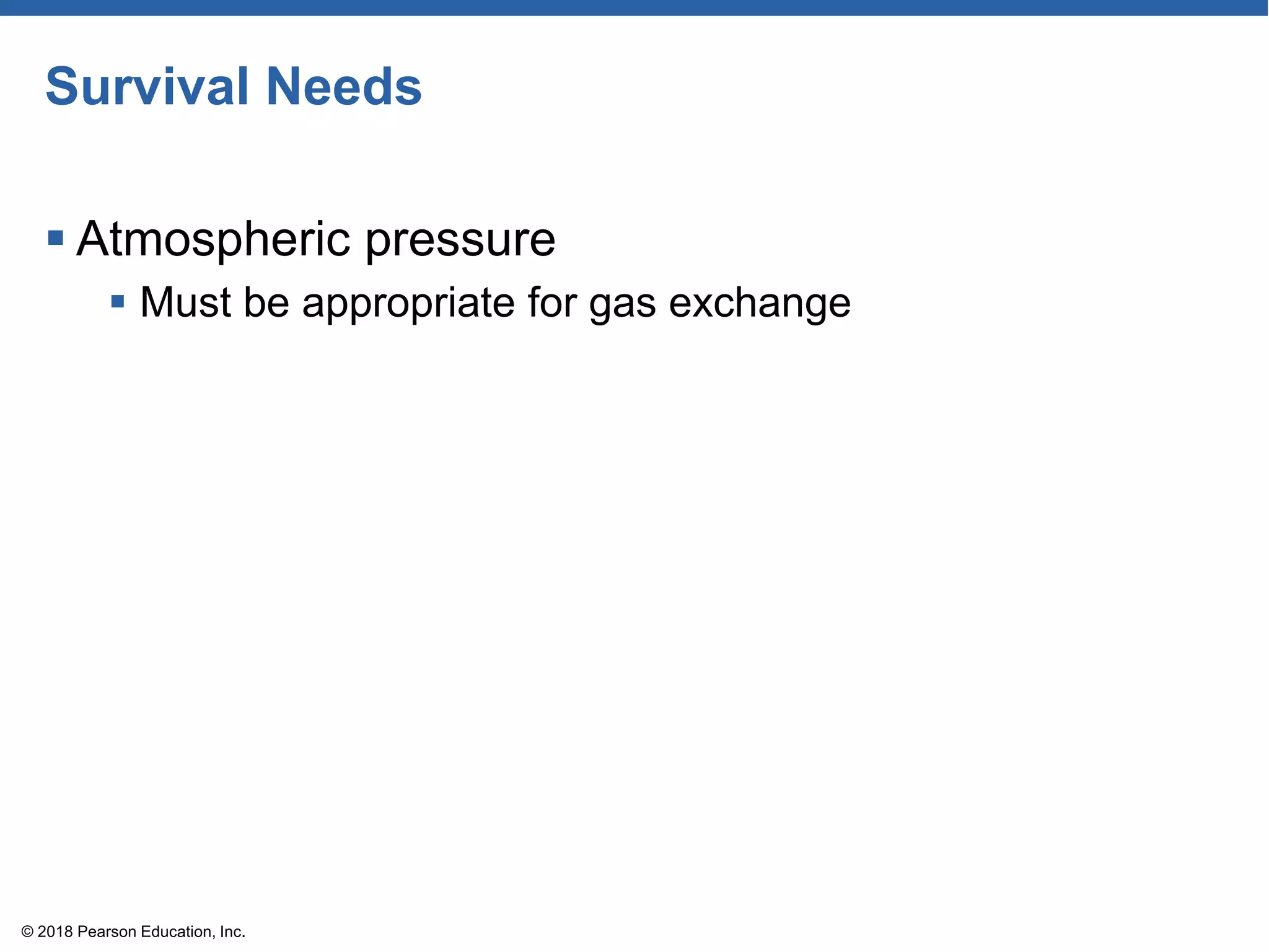Survival Needs
 Atmospheric pressure
 Must be appropriate for gas exchange
© 2018 Pearson Education, Inc.
 