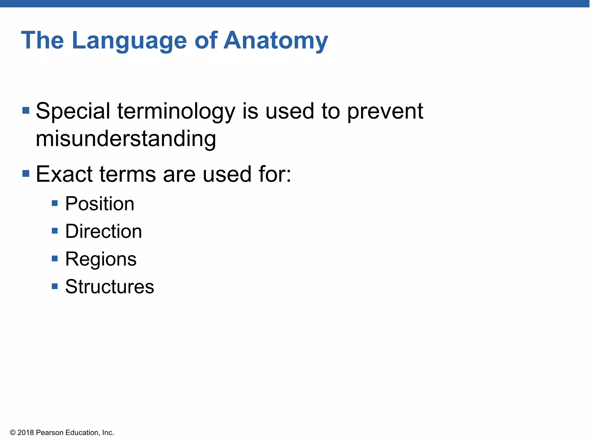 The Language of Anatomy
 Special terminology is used to prevent
misunderstanding
 Exact terms are used for:
 Position
 Direction
 Regions
 Structures
© 2018 Pearson Education, Inc.
 