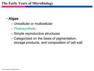The Early Years of Microbiology
• Algae
– Unicellular or multicellular
– Photosynthetic
– Simple reproductive structures
– Categorized on the basis of pigmentation,
storage products, and composition of cell wall
© 2012 Pearson Education Inc.
 