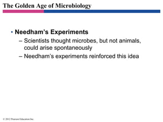 The Golden Age of Microbiology
• Needham’s Experiments
– Scientists thought microbes, but not animals,
could arise spontaneously
– Needham’s experiments reinforced this idea
© 2012 Pearson Education Inc.
 