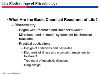 The Modern Age of Microbiology
• What Are the Basic Chemical Reactions of Life?
– Biochemistry
– Began with Pasteur’s and Buchner’s works
– Microbes used as model systems for biochemical
reactions
– Practical applications
– Design of herbicides and pesticides
– Diagnosis of illness and monitoring responses to
treatment
– Treatment of metabolic diseases
– Drug design
© 2012 Pearson Education Inc.
 