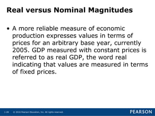 © 2016 Pearson Education, Inc. All rights reserved.1-28
Real versus Nominal Magnitudes
• A more reliable measure of economic
production expresses values in terms of
prices for an arbitrary base year, currently
2005. GDP measured with constant prices is
referred to as real GDP, the word real
indicating that values are measured in terms
of fixed prices.
 
