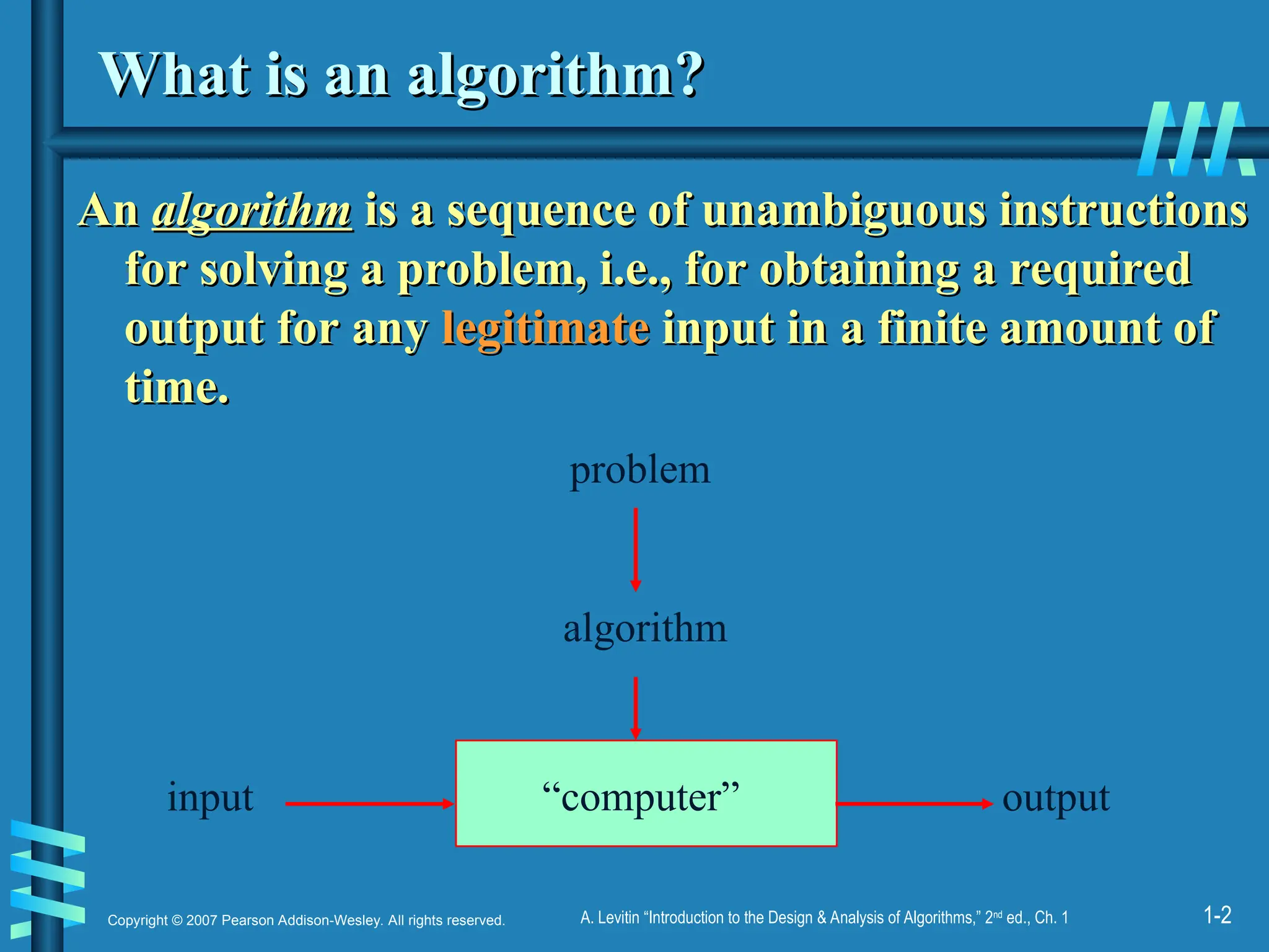 1-2
Copyright © 2007 Pearson Addison-Wesley. All rights reserved. A. Levitin “Introduction to the Design & Analysis of Algorithms,” 2nd
ed., Ch. 1
What is an algorithm?
What is an algorithm?
An
An algorithm
algorithm is a sequence of unambiguous instructions
is a sequence of unambiguous instructions
for solving a problem, i.e., for obtaining a required
for solving a problem, i.e., for obtaining a required
output for any
output for any legitimate
legitimate input in a finite amount of
input in a finite amount of
time.
time.
“computer”
problem
algorithm
input output
 