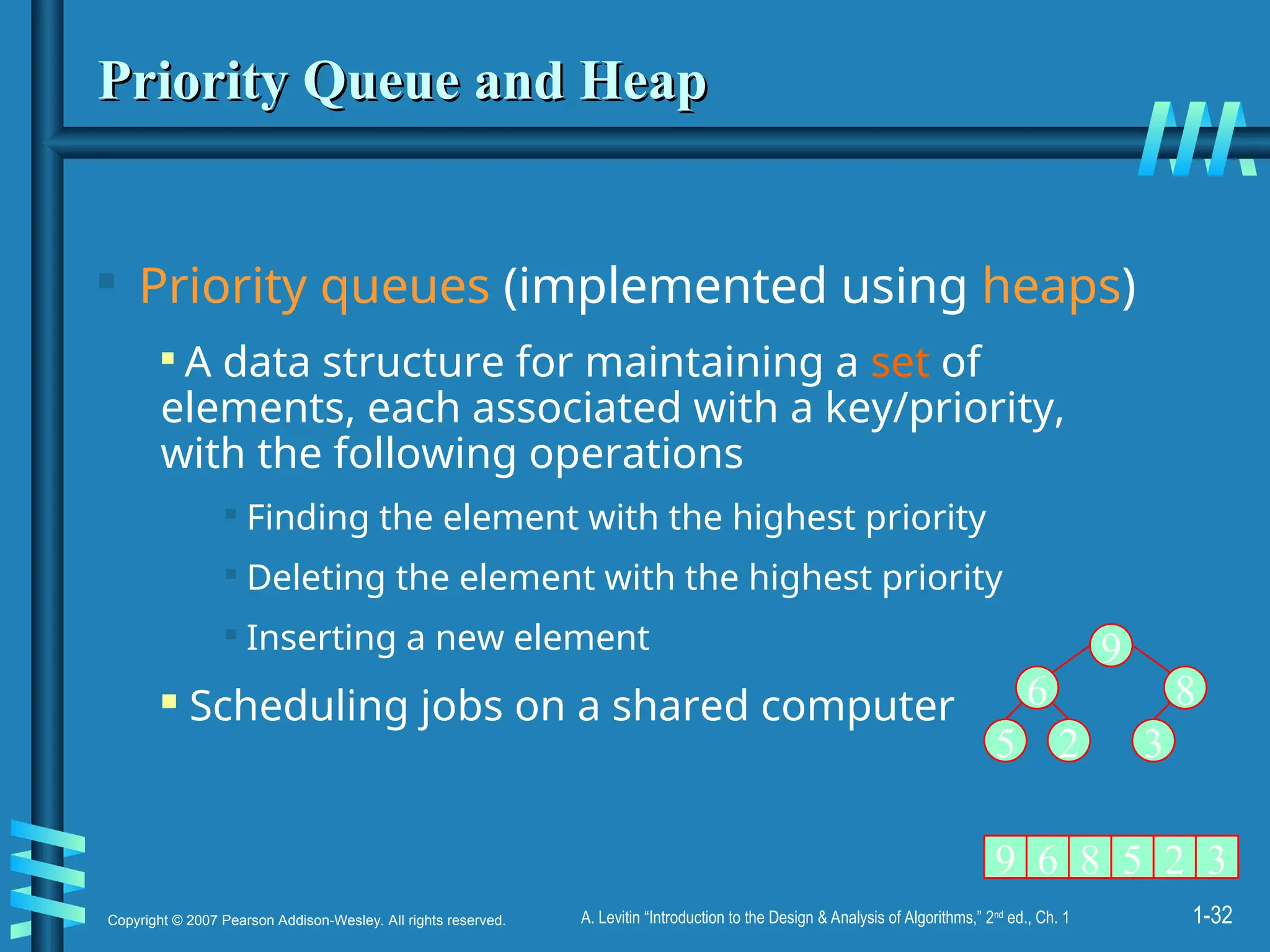 1-32
Copyright © 2007 Pearson Addison-Wesley. All rights reserved. A. Levitin “Introduction to the Design & Analysis of Algorithms,” 2nd
ed., Ch. 1
Priority Queue and Heap
Priority Queue and Heap

Priority queues (implemented using heaps)

A data structure for maintaining a set of
elements, each associated with a key/priority,
with the following operations

Finding the element with the highest priority

Deleting the element with the highest priority

Inserting a new element
 Scheduling jobs on a shared computer
9
6 8
5 2 3
9 6 5
8 2 3
 