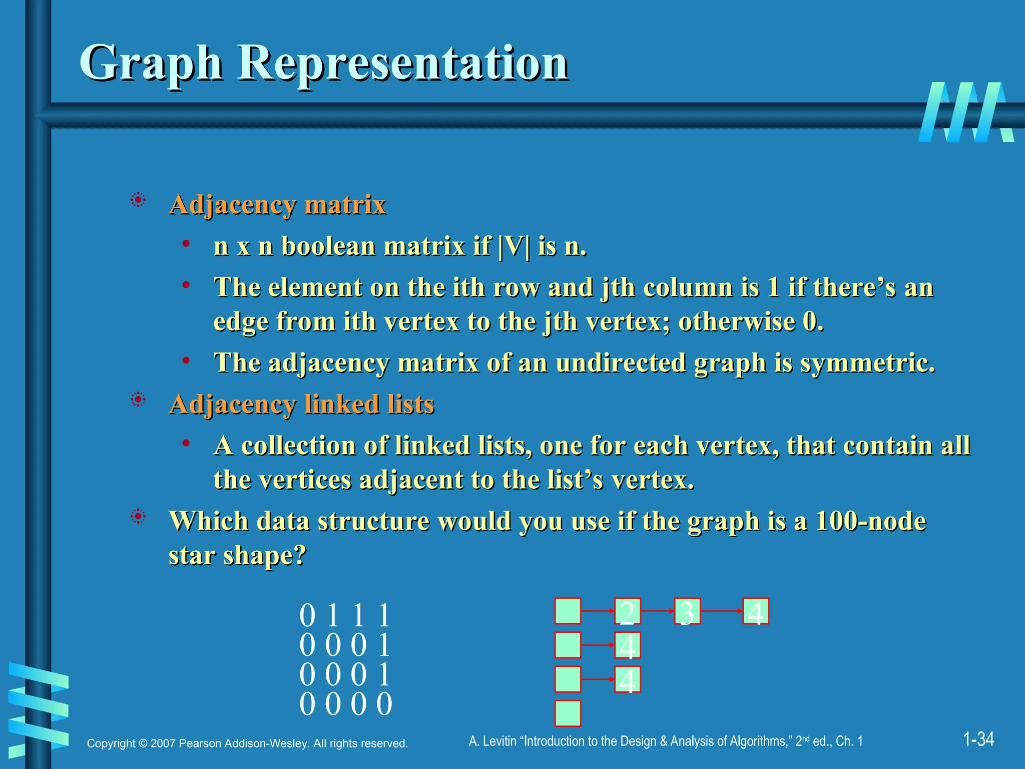 1-34
Copyright © 2007 Pearson Addison-Wesley. All rights reserved. A. Levitin “Introduction to the Design & Analysis of Algorithms,” 2nd
ed., Ch. 1
Graph Representation
Graph Representation
 Adjacency matrix
Adjacency matrix
• n x n boolean matrix if |V| is n.
n x n boolean matrix if |V| is n.
• The element on the ith row and jth column is 1 if there’s an
The element on the ith row and jth column is 1 if there’s an
edge from ith vertex to the jth vertex; otherwise 0.
edge from ith vertex to the jth vertex; otherwise 0.
• The adjacency matrix of an undirected graph is symmetric.
The adjacency matrix of an undirected graph is symmetric.
 Adjacency linked lists
Adjacency linked lists
• A collection of linked lists, one for each vertex, that contain all
A collection of linked lists, one for each vertex, that contain all
the vertices adjacent to the list’s vertex.
the vertices adjacent to the list’s vertex.
 Which data structure would you use if the graph is a 100-node
Which data structure would you use if the graph is a 100-node
star shape?
star shape?
0 1 1 1
0 0 0 1
0 0 0 1
0 0 0 0
2 3 4
4
4
 
