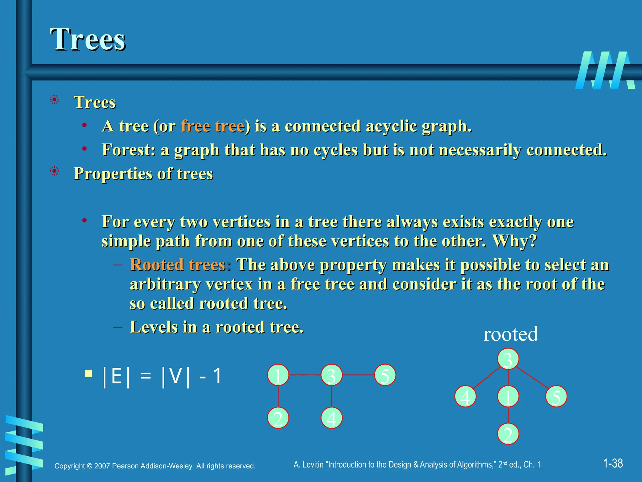 1-38
Copyright © 2007 Pearson Addison-Wesley. All rights reserved. A. Levitin “Introduction to the Design & Analysis of Algorithms,” 2nd
ed., Ch. 1
Trees
Trees
 Trees
Trees
• A tree (or
A tree (or free tree
free tree) is a connected acyclic graph.
) is a connected acyclic graph.
• Forest: a graph that has no cycles but is not necessarily connected.
Forest: a graph that has no cycles but is not necessarily connected.
 Properties of trees
Properties of trees
• For every two vertices in a tree there always exists exactly one
For every two vertices in a tree there always exists exactly one
simple path from one of these vertices to the other.
simple path from one of these vertices to the other. Why?
Why?
– Rooted trees
Rooted trees:
: The above property makes it possible to select an
The above property makes it possible to select an
arbitrary vertex in a free tree and consider it as the root of the
arbitrary vertex in a free tree and consider it as the root of the
so called rooted tree.
so called rooted tree.
– Levels in a rooted tree.
Levels in a rooted tree.
 |E| = |V| - 1 1 3
2 4
5
1
3
2
4 5
rooted
 