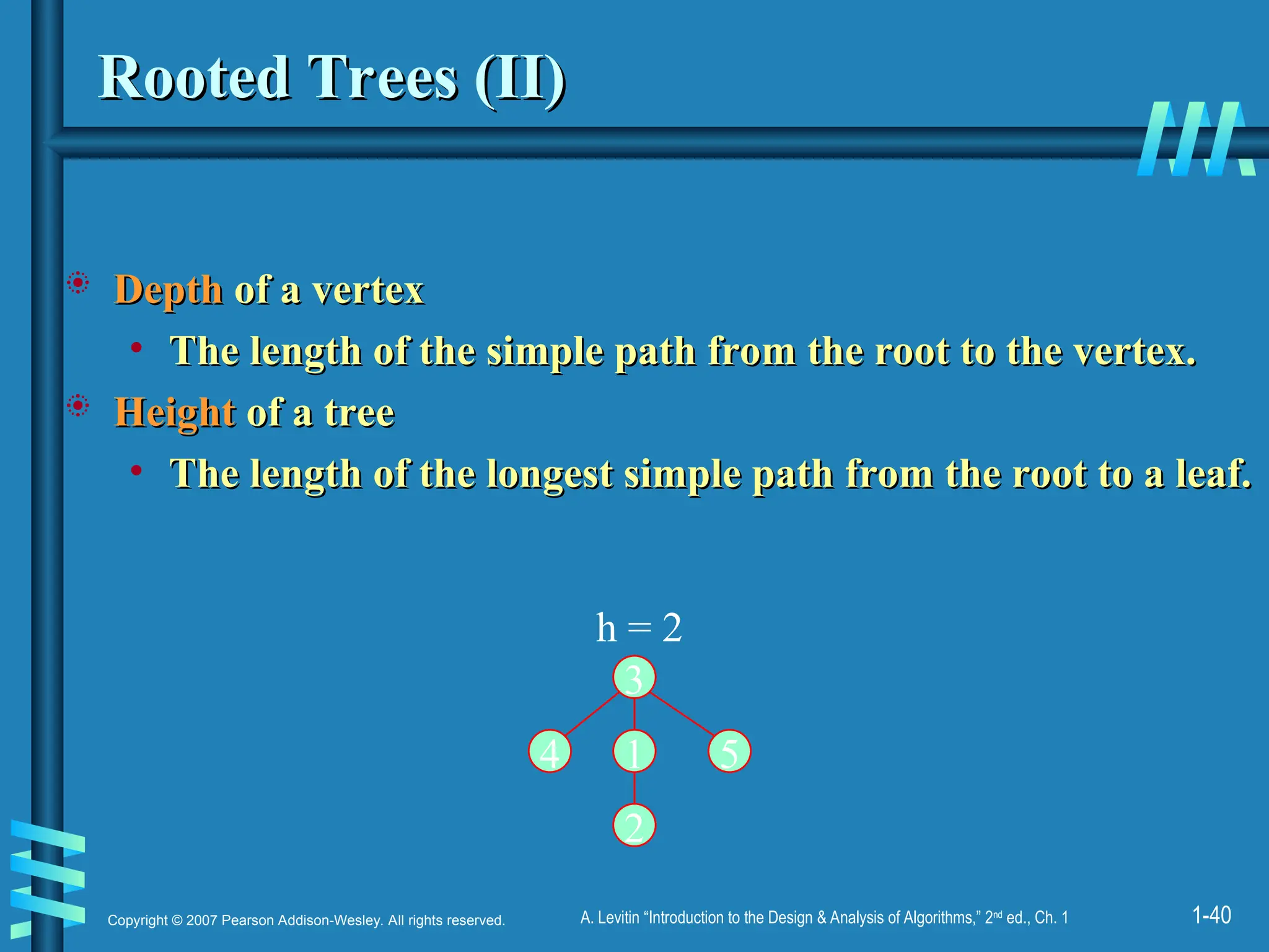 1-40
Copyright © 2007 Pearson Addison-Wesley. All rights reserved. A. Levitin “Introduction to the Design & Analysis of Algorithms,” 2nd
ed., Ch. 1
Rooted Trees (II)
Rooted Trees (II)
 Depth
Depth of a vertex
of a vertex
• The length of the simple path from the root to the vertex.
The length of the simple path from the root to the vertex.
 Height
Height of a tree
of a tree
• The length of the longest simple path from the root to a leaf.
The length of the longest simple path from the root to a leaf.
1
3
2
4 5
h = 2
 