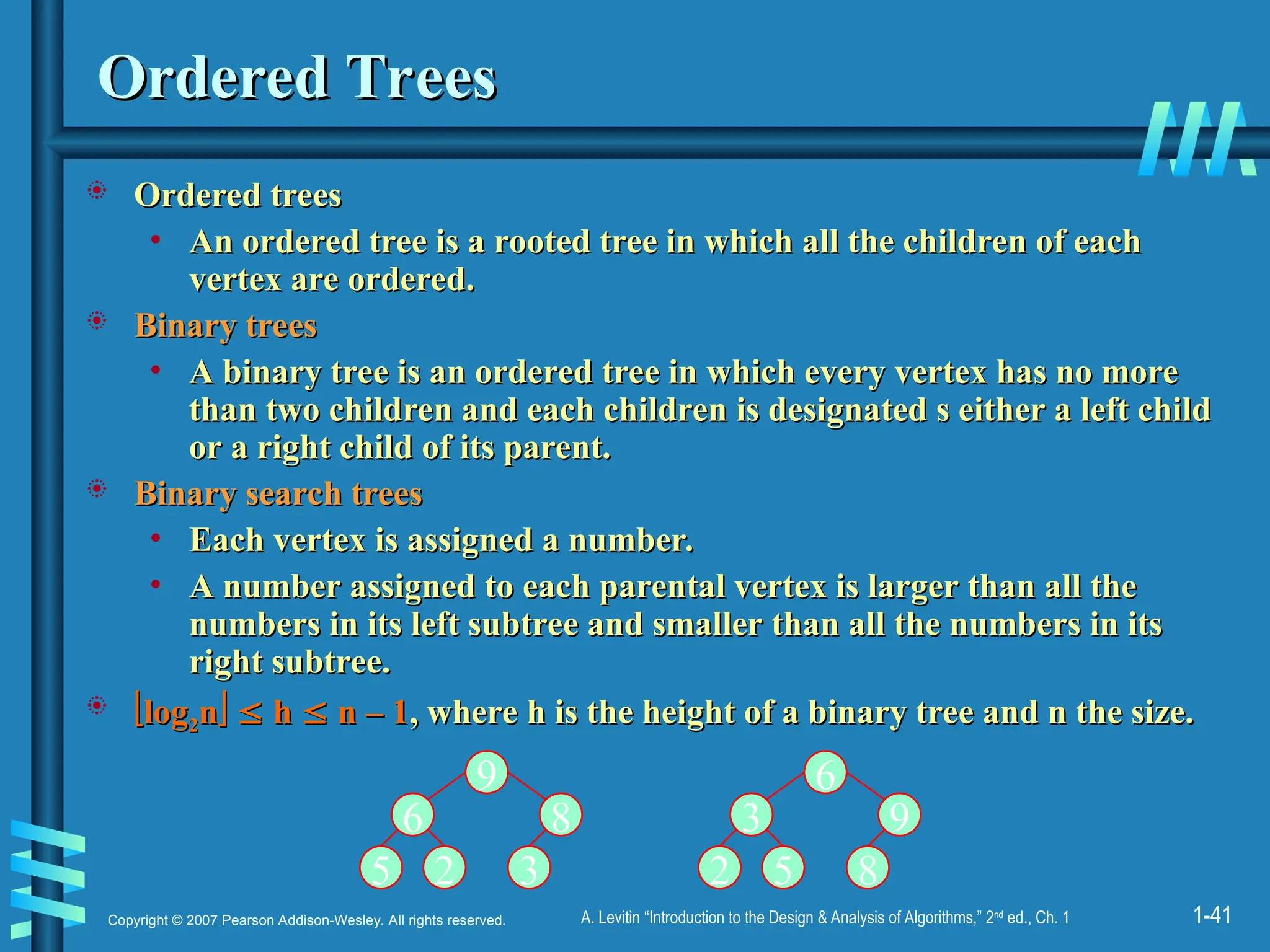 1-41
Copyright © 2007 Pearson Addison-Wesley. All rights reserved. A. Levitin “Introduction to the Design & Analysis of Algorithms,” 2nd
ed., Ch. 1
Ordered Trees
Ordered Trees
 Ordered trees
Ordered trees
• An ordered tree is a rooted tree in which all the children of each
An ordered tree is a rooted tree in which all the children of each
vertex are ordered.
vertex are ordered.
 Binary trees
Binary trees
• A binary tree is an ordered tree in which every vertex has no more
A binary tree is an ordered tree in which every vertex has no more
than two children and each children is designated s either a left child
than two children and each children is designated s either a left child
or a right child of its parent.
or a right child of its parent.
 Binary search trees
Binary search trees
• Each vertex is assigned a number.
Each vertex is assigned a number.
• A number assigned to each parental vertex is larger than all the
A number assigned to each parental vertex is larger than all the
numbers in its left subtree and smaller than all the numbers in its
numbers in its left subtree and smaller than all the numbers in its
right subtree.
right subtree.
 
log
log2
2n
n
 
 h
h 
 n – 1
n – 1, where h is the height of a binary tree and n the size.
, where h is the height of a binary tree and n the size.
9
6 8
5 2 3
6
3 9
2 5 8
 