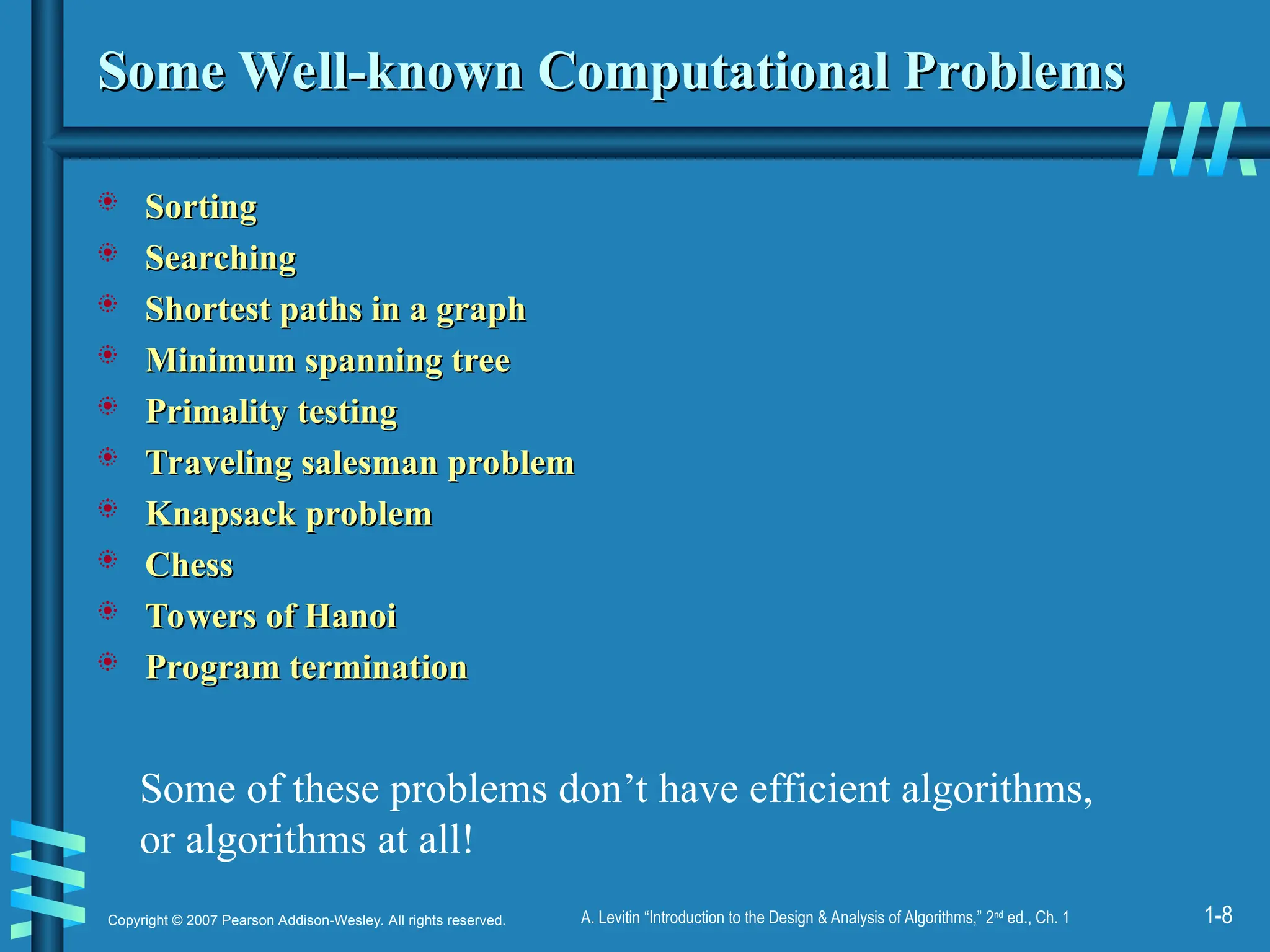 1-8
Copyright © 2007 Pearson Addison-Wesley. All rights reserved. A. Levitin “Introduction to the Design & Analysis of Algorithms,” 2nd
ed., Ch. 1
Some Well-known Computational Problems
Some Well-known Computational Problems
 Sorting
Sorting
 Searching
Searching
 Shortest paths in a graph
Shortest paths in a graph
 Minimum spanning tree
Minimum spanning tree
 Primality testing
Primality testing
 Traveling salesman problem
Traveling salesman problem
 Knapsack problem
Knapsack problem
 Chess
Chess
 Towers of Hanoi
Towers of Hanoi
 Program termination
Program termination
Some of these problems don’t have efficient algorithms,
or algorithms at all!
 