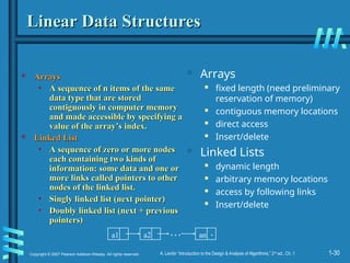 1-30
Copyright © 2007 Pearson Addison-Wesley. All rights reserved. A. Levitin “Introduction to the Design & Analysis of Algorithms,” 2nd
ed., Ch. 1
Linear Data Structures
Linear Data Structures
 Arrays
Arrays
• A sequence of n items of the same
A sequence of n items of the same
data type that are stored
data type that are stored
contiguously in computer memory
contiguously in computer memory
and made accessible by specifying a
and made accessible by specifying a
value of the array’s index.
value of the array’s index.
 Linked List
Linked List
• A sequence of zero or more nodes
A sequence of zero or more nodes
each containing two kinds of
each containing two kinds of
information: some data and one or
information: some data and one or
more links called pointers to other
more links called pointers to other
nodes of the linked list.
nodes of the linked list.
• Singly linked list (next pointer)
Singly linked list (next pointer)
• Doubly linked list (next + previous
Doubly linked list (next + previous
pointers)
pointers)
 Arrays
 fixed length (need preliminary
reservation of memory)
 contiguous memory locations
 direct access
 Insert/delete
 Linked Lists
 dynamic length
 arbitrary memory locations
 access by following links
 Insert/delete
…
a1 an
a2 .
 