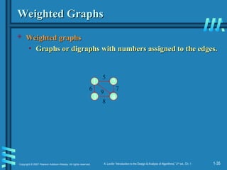 1-35
Copyright © 2007 Pearson Addison-Wesley. All rights reserved. A. Levitin “Introduction to the Design & Analysis of Algorithms,” 2nd
ed., Ch. 1
Weighted Graphs
Weighted Graphs
 Weighted graphs
Weighted graphs
• Graphs or digraphs with numbers assigned to the edges.
Graphs or digraphs with numbers assigned to the edges.
1 2
3 4
6
8
5
7
9
 