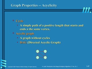 1-37
Copyright © 2007 Pearson Addison-Wesley. All rights reserved. A. Levitin “Introduction to the Design & Analysis of Algorithms,” 2nd
ed., Ch. 1
Graph Properties -- Acyclicity
Graph Properties -- Acyclicity
 Cycle
Cycle
• A simple path of a positive length that starts and
A simple path of a positive length that starts and
ends a the same vertex.
ends a the same vertex.
 Acyclic graph
Acyclic graph
• A graph without cycles
A graph without cycles
• DAG
DAG (Directed Acyclic Graph)
(Directed Acyclic Graph)
1 2
3 4
 
