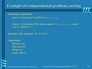 1-6
Copyright © 2007 Pearson Addison-Wesley. All rights reserved. A. Levitin “Introduction to the Design & Analysis of Algorithms,” 2nd
ed., Ch. 1
Example of computational problem: sorting
Example of computational problem: sorting
 Statement of problem:
Statement of problem:
• Input:
Input: A sequence of
A sequence of n
n numbers <a
numbers <a1
1,
, a
a2
2, …, a
, …, an
n>
>
• Output:
Output: A reordering of the input sequence <a
A reordering of the input sequence <a´
´
1
1,
, a
a´
´
2
2, …, a
, …, a´
´
n
n> so that
> so that
a
a´
´
i
i ≤
≤ a
a´
´
j
j whenever
whenever i
i <
< j
j
 Instance: The sequence <5, 3, 2, 8, 3>
Instance: The sequence <5, 3, 2, 8, 3>
 Algorithms:
Algorithms:
• Selection sort
Selection sort
• Insertion sort
Insertion sort
• Merge sort
Merge sort
• (many others)
(many others)
 