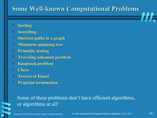 1-8
Copyright © 2007 Pearson Addison-Wesley. All rights reserved. A. Levitin “Introduction to the Design & Analysis of Algorithms,” 2nd
ed., Ch. 1
Some Well-known Computational Problems
Some Well-known Computational Problems
 Sorting
Sorting
 Searching
Searching
 Shortest paths in a graph
Shortest paths in a graph
 Minimum spanning tree
Minimum spanning tree
 Primality testing
Primality testing
 Traveling salesman problem
Traveling salesman problem
 Knapsack problem
Knapsack problem
 Chess
Chess
 Towers of Hanoi
Towers of Hanoi
 Program termination
Program termination
Some of these problems don’t have efficient algorithms,
or algorithms at all!
 