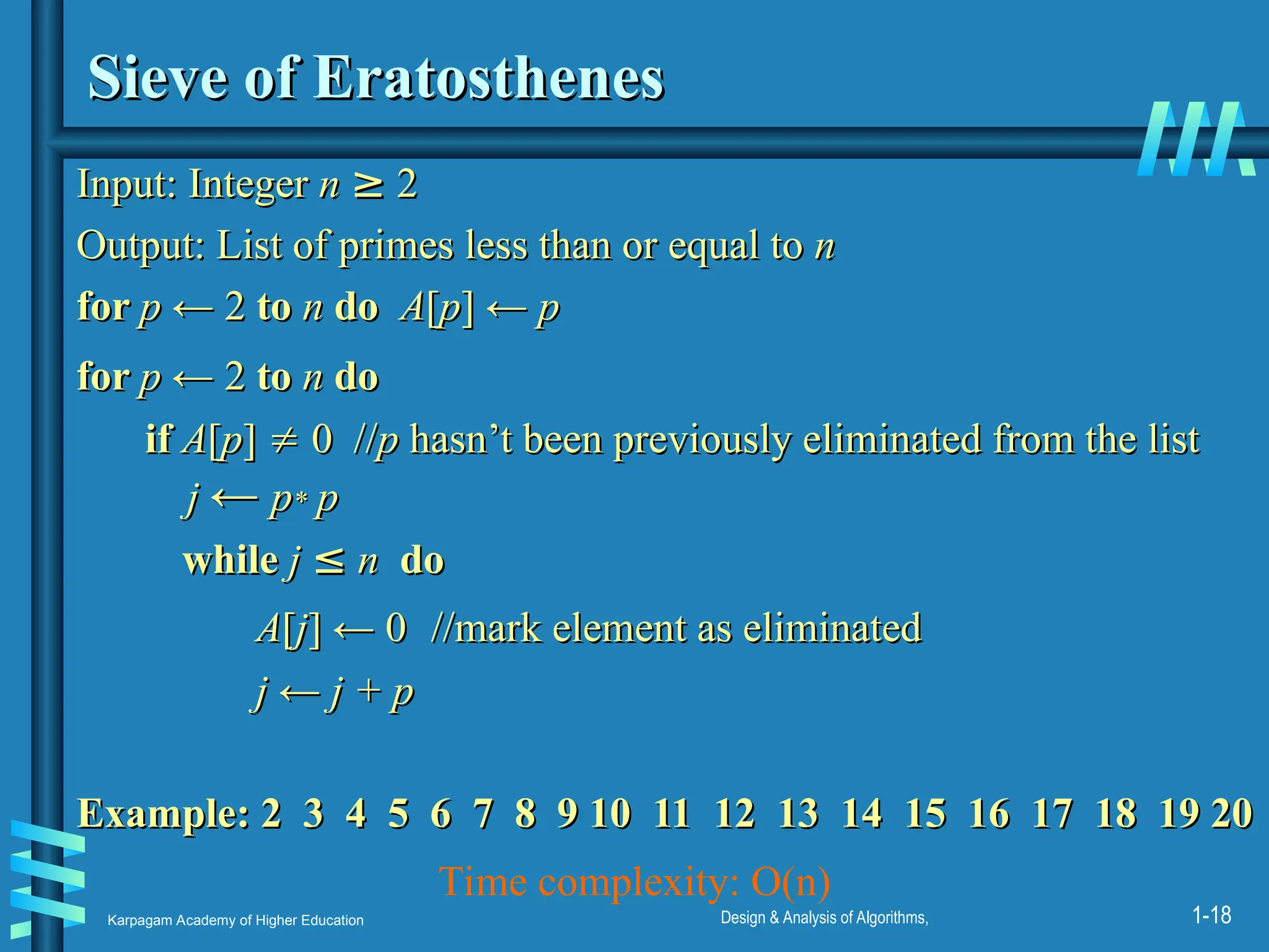 Karpagam Academy of Higher Education Design & Analysis of Algorithms, 1-18
Sieve of Eratosthenes
Sieve of Eratosthenes
Input:
Input: Integer
Integer n
n ≥
≥ 2
2
Output: List of primes less than or equal to
Output: List of primes less than or equal to n
n
for
for p
p ← 2
← 2 to
to n
n do
do A
A[
[p
p] ←
] ← p
p
for
for p
p ← 2
← 2 to
to n
n do
do
if
if A
A[
[p
p]
] 
 0 //
0 //p
p hasn’t been previously eliminated from the list
hasn’t been previously eliminated from the list
j
j ←
← p
p*
* p
p
while
while j
j ≤
≤ n
n do
do
A
A[
[j
j]
] ← 0
← 0 //mark element as eliminated
//mark element as eliminated
j
j ←
← j
j + p
+ p
Example: 2 3 4 5 6 7 8 9 10 11 12 13 14 15 16 17 18 19 20
Example: 2 3 4 5 6 7 8 9 10 11 12 13 14 15 16 17 18 19 20
Time complexity: O(n)
 