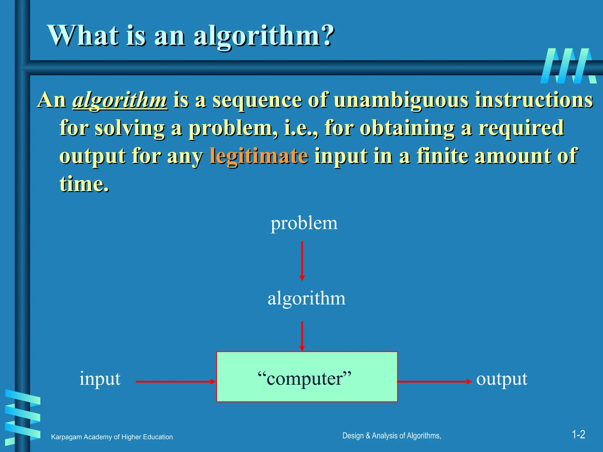 Karpagam Academy of Higher Education Design & Analysis of Algorithms, 1-2
What is an algorithm?
What is an algorithm?
An
An algorithm
algorithm is a sequence of unambiguous instructions
is a sequence of unambiguous instructions
for solving a problem, i.e., for obtaining a required
for solving a problem, i.e., for obtaining a required
output for any
output for any legitimate
legitimate input in a finite amount of
input in a finite amount of
time.
time.
“computer”
problem
algorithm
input output
 