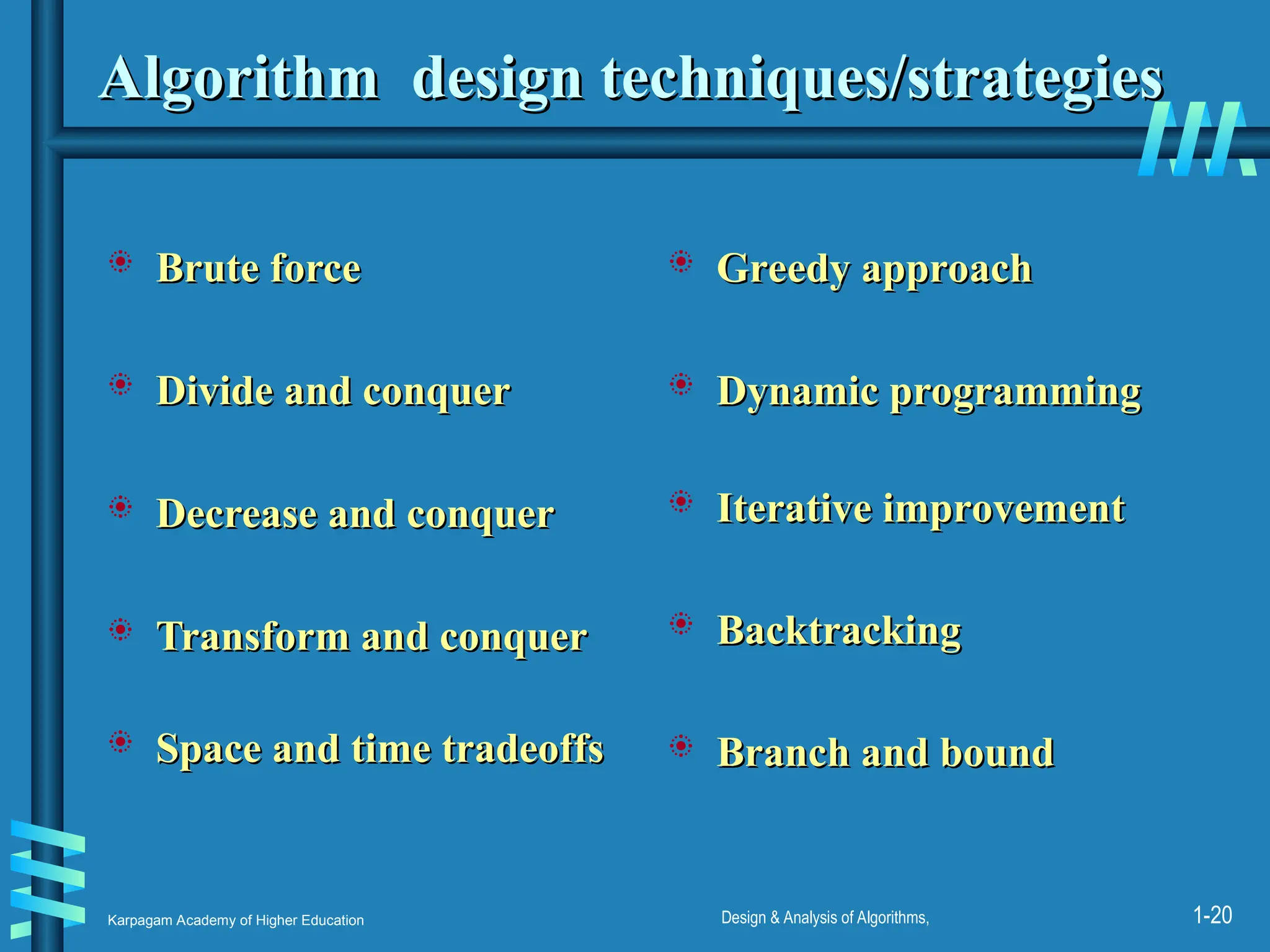 Karpagam Academy of Higher Education Design & Analysis of Algorithms, 1-20
Algorithm design techniques/strategies
Algorithm design techniques/strategies
 Brute force
Brute force
 Divide and conquer
Divide and conquer
 Decrease and conquer
Decrease and conquer
 Transform and conquer
Transform and conquer
 Space and time tradeoffs
Space and time tradeoffs
 Greedy approach
Greedy approach
 Dynamic programming
Dynamic programming
 Iterative improvement
Iterative improvement
 Backtracking
Backtracking
 Branch and bound
Branch and bound
 