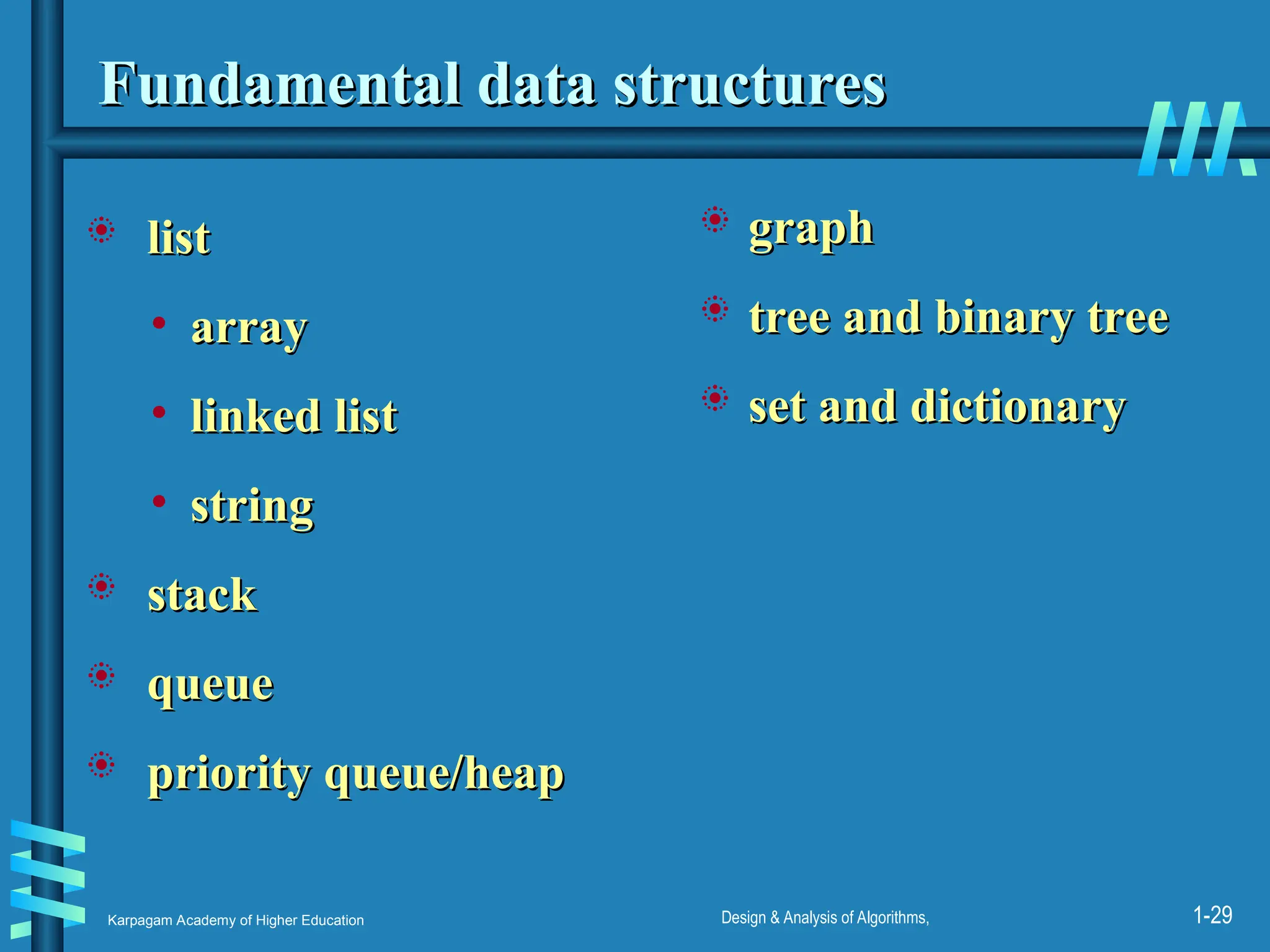 Karpagam Academy of Higher Education Design & Analysis of Algorithms, 1-29
Fundamental data structures
Fundamental data structures
 list
list
• array
array
• linked list
linked list
• string
string
 stack
stack
 queue
queue
 priority queue/heap
priority queue/heap
 graph
graph
 tree and binary tree
tree and binary tree
 set and dictionary
set and dictionary
 