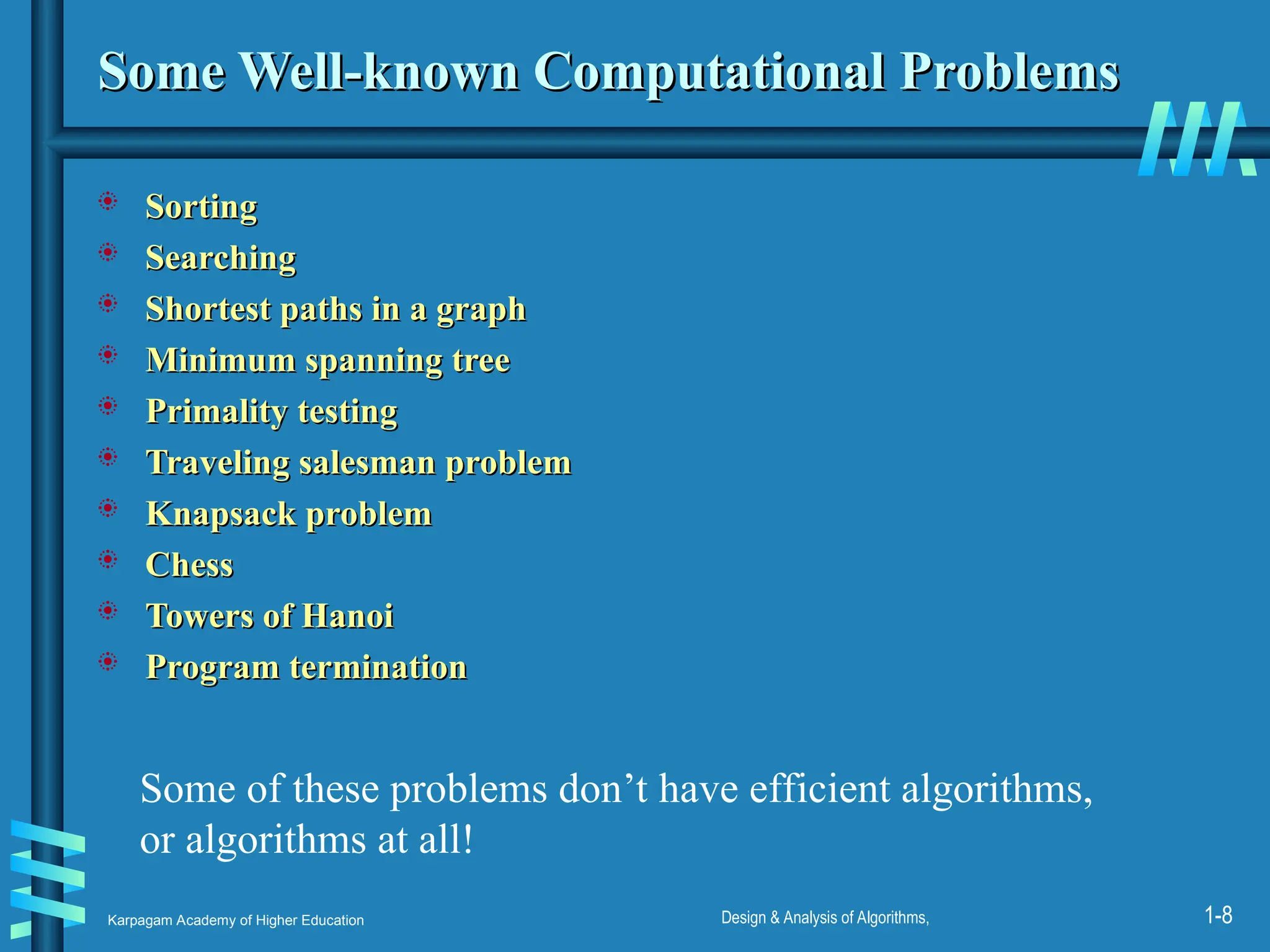 Karpagam Academy of Higher Education Design & Analysis of Algorithms, 1-8
Some Well-known Computational Problems
Some Well-known Computational Problems
 Sorting
Sorting
 Searching
Searching
 Shortest paths in a graph
Shortest paths in a graph
 Minimum spanning tree
Minimum spanning tree
 Primality testing
Primality testing
 Traveling salesman problem
Traveling salesman problem
 Knapsack problem
Knapsack problem
 Chess
Chess
 Towers of Hanoi
Towers of Hanoi
 Program termination
Program termination
Some of these problems don’t have efficient algorithms,
or algorithms at all!
 