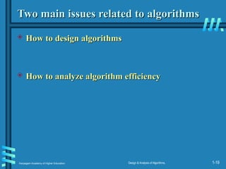 Karpagam Academy of Higher Education Design & Analysis of Algorithms, 1-19
Two main issues related to algorithms
Two main issues related to algorithms
 How to design algorithms
How to design algorithms
 How to analyze algorithm efficiency
How to analyze algorithm efficiency
 