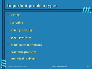 Karpagam Academy of Higher Education Design & Analysis of Algorithms, 1-22
Important problem types
Important problem types
 sorting
sorting
 searching
searching
 string processing
string processing
 graph problems
graph problems
 combinatorial problems
combinatorial problems
 geometric problems
geometric problems
 numerical problems
numerical problems
 