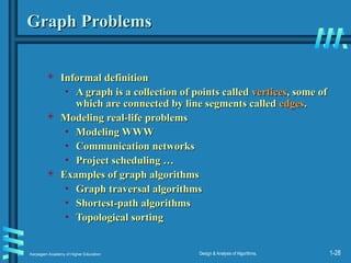 Karpagam Academy of Higher Education Design & Analysis of Algorithms, 1-28
Graph Problems
Graph Problems
 Informal definition
Informal definition
• A graph is a collection of points called
A graph is a collection of points called vertices
vertices, some of
, some of
which are connected by line segments called
which are connected by line segments called edges
edges.
.
 Modeling real-life problems
Modeling real-life problems
• Modeling WWW
Modeling WWW
• Communication networks
Communication networks
• Project scheduling …
Project scheduling …
 Examples of graph algorithms
Examples of graph algorithms
• Graph traversal algorithms
Graph traversal algorithms
• Shortest-path algorithms
Shortest-path algorithms
• Topological sorting
Topological sorting
 