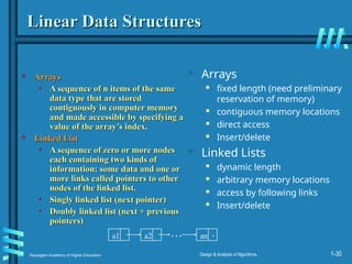 Karpagam Academy of Higher Education Design & Analysis of Algorithms, 1-30
Linear Data Structures
Linear Data Structures
 Arrays
Arrays
• A sequence of n items of the same
A sequence of n items of the same
data type that are stored
data type that are stored
contiguously in computer memory
contiguously in computer memory
and made accessible by specifying a
and made accessible by specifying a
value of the array’s index.
value of the array’s index.
 Linked List
Linked List
• A sequence of zero or more nodes
A sequence of zero or more nodes
each containing two kinds of
each containing two kinds of
information: some data and one or
information: some data and one or
more links called pointers to other
more links called pointers to other
nodes of the linked list.
nodes of the linked list.
• Singly linked list (next pointer)
Singly linked list (next pointer)
• Doubly linked list (next + previous
Doubly linked list (next + previous
pointers)
pointers)
 Arrays
 fixed length (need preliminary
reservation of memory)
 contiguous memory locations
 direct access
 Insert/delete
 Linked Lists
 dynamic length
 arbitrary memory locations
 access by following links
 Insert/delete
…
a1 an
a2 .
 