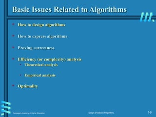 Karpagam Academy of Higher Education Design & Analysis of Algorithms, 1-9
Basic Issues Related to Algorithms
Basic Issues Related to Algorithms
 How to design algorithms
How to design algorithms
 How to express algorithms
How to express algorithms
 Proving correctness
Proving correctness
 Efficiency (or complexity) analysis
Efficiency (or complexity) analysis
• Theoretical analysis
Theoretical analysis
• Empirical analysis
Empirical analysis
 Optimality
Optimality
 